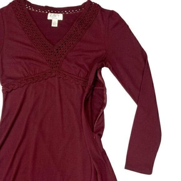 Loft Dress Womens Size 4 Burgundy Lace Trim Babydoll Elastic Empire Waist Midi - Picture 5 of 13